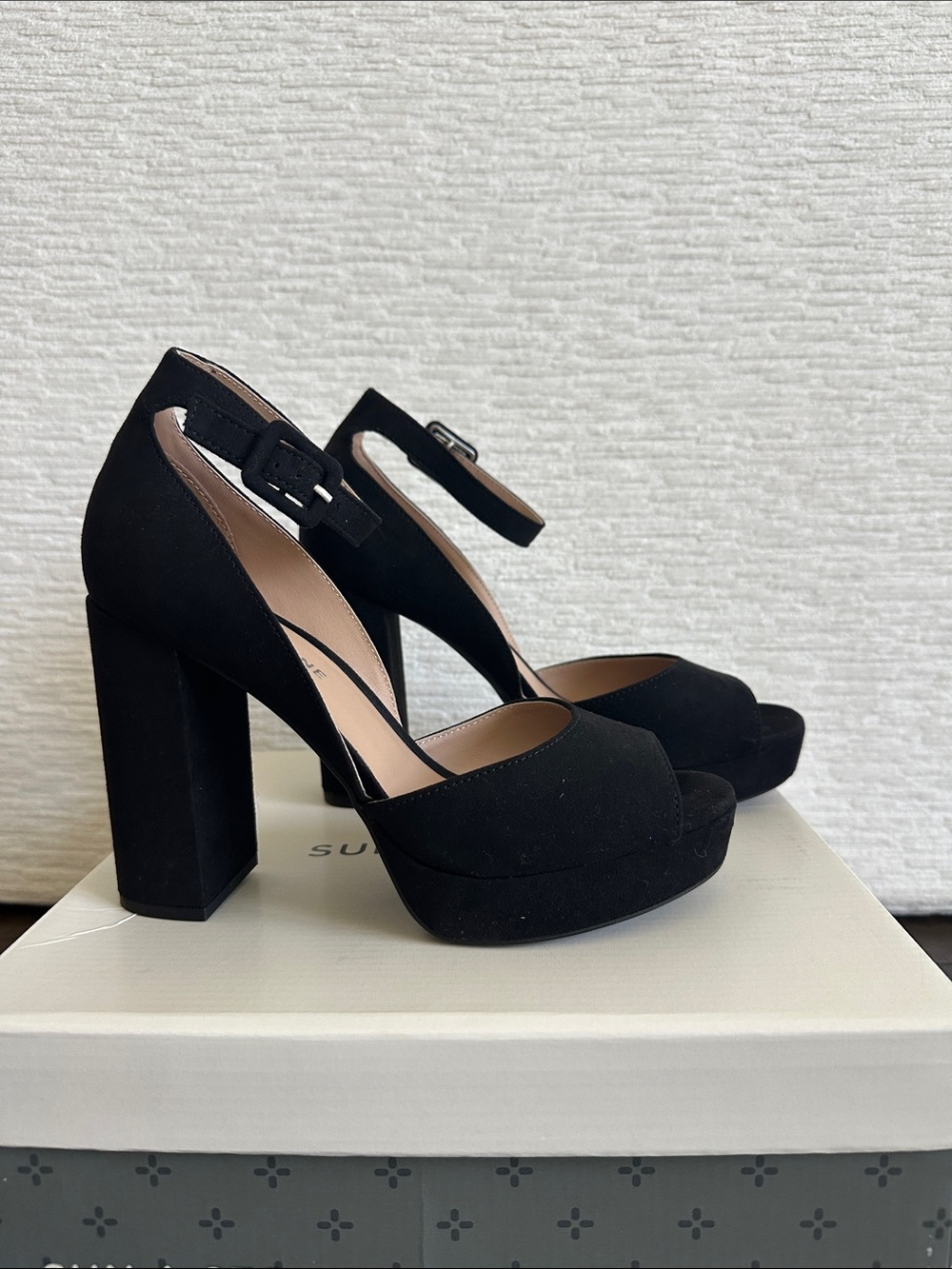 Sun + Stone Black Suede Platform Ankle-Strap Sandals